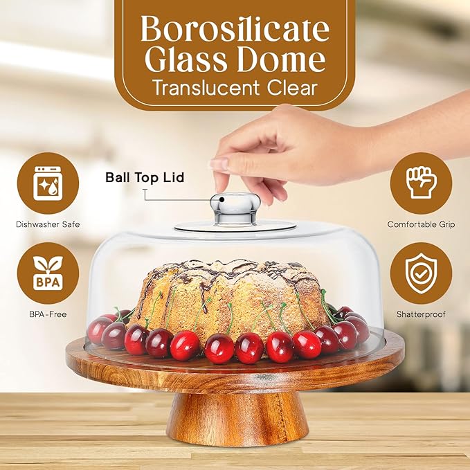 Homeries Acacia Wood Cake Stand with Lid, Cake Plate, (6 in 1) Multi-Functional Serving Platter, Large Cake Stand with Dome, Cake display stand with lid & Cake Dome - Use as Cake Holder, Cake Cover