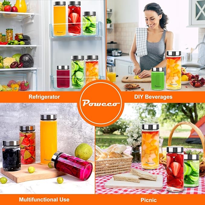 12oz Glass Juice & Water Bottles 6-Pack with Lids- Wide Mouth Reusable Borosilicate Glass- for Juicing, Smoothies, Protein Shakes, Blender & Shaker Bottle- Refillable & Dishwasher Safe(12 oz/400ml)