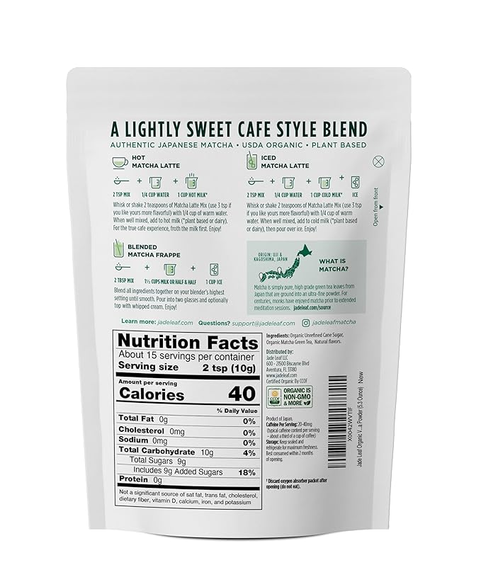 Jade Leaf Matcha Organic Premium Ceremonial Grade Matcha Green Tea Powder - Japanese - Culinary, Ingredient, Ceremonial Barista Teahouse, Latte, Collagen, 5.3 Ounce (Pack of 1), Vanilla Matcha Latte