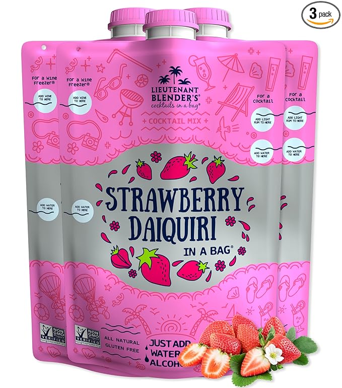 Lt. Blender's Strawberry Daiquiri in a Bag – Strawberry Daiquiri Mix - Each Bag Makes 1/2 Gallon - Non-GMO – No Daiquiri Machine Needed - Make a Cocktail, Wine Slushie or Mocktail - (Pack of 3)