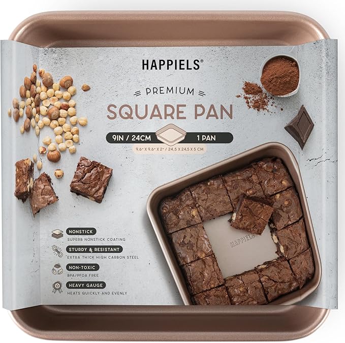 Nonstick 9x9 Baking Pan | PFOA & BPA Free Non Toxic 9 x 9 Inch Cake & Brownie Pan | Best Nontoxic Square 9x9 inches Pans for Baking | Non Stick Carbon Steel Gold Baking Ware