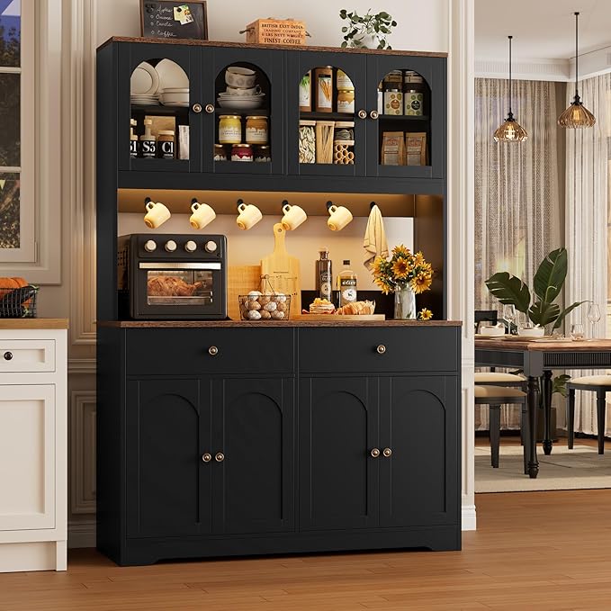 HIFIT 71" LED Kitchen Pantry Cabinet with Power Outlet, Large Kitchen Hutch Storage Cabinet with Arched Door & Shelves & 2 Drawers, Tall Farmhouse Coffee Bar w/Hutch for Home Dining Living Room, Black