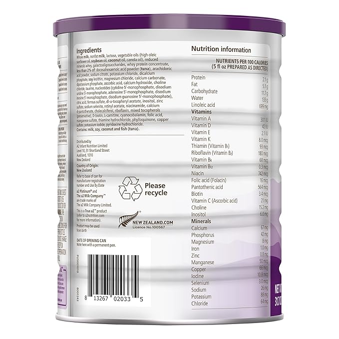 a2 Platinum® Premium Infant Formula for Babies Ages 0-12 Months, Whole Milk Powder-Based Formula with Iron, Nutritionally Complete, Made with Pure and Natural a2 Milk®, 31.7- oz Can