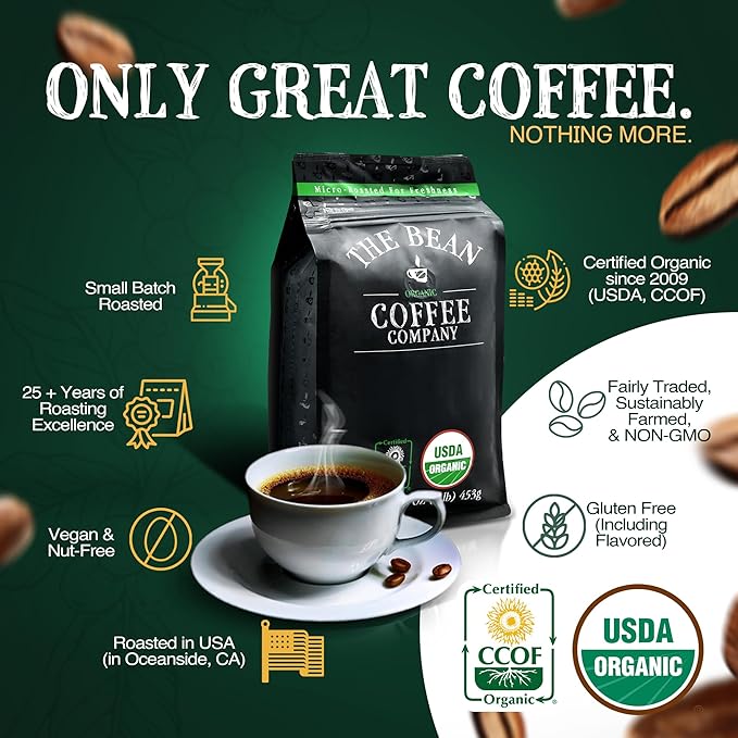 The Bean Organic Coffee Company Chocolate Macadamia Nut, Medium Roast, Ground Coffee, 5-Pound Bag, Café molido tostado orgánico