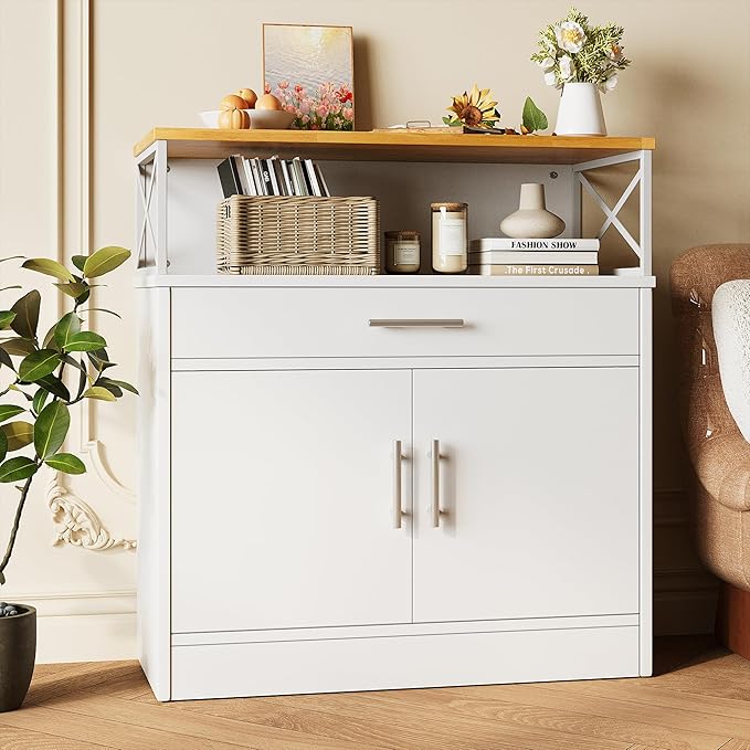 Vongrasig Sideboard Buffet Cabinet with Storage, 32” Modern Kitchen Storage Cabinet with Open Storage, Adjustable Shelf, Wood Farmhouse Coffee Bar Buffet Table for Kitchen, Dining Room, White