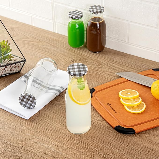 Restaurantware French Countryside 15 Ounce Glass Bottles 10 Durable Juice Bottles - With Black Plaid Lid Dishwashable Clear Glass Countryside Bottles For Hot And Cold Beverages