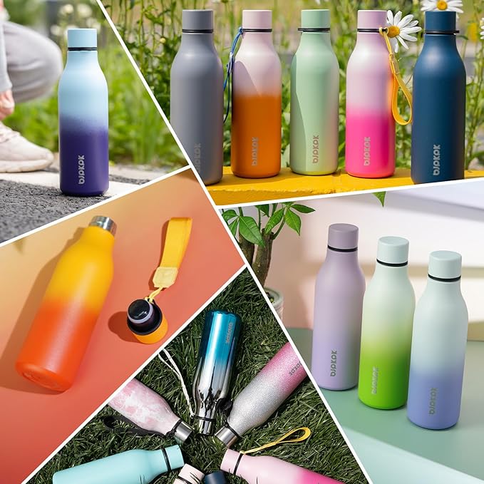 BJPKPK Insulated Water Bottles, 18 oz Stainless Steel Metal Water Bottle with Strap, BPA Free Leak Proof Thermos, Mugs, Flasks, Reusable Thermos for Sports & Travel, Lake Blue