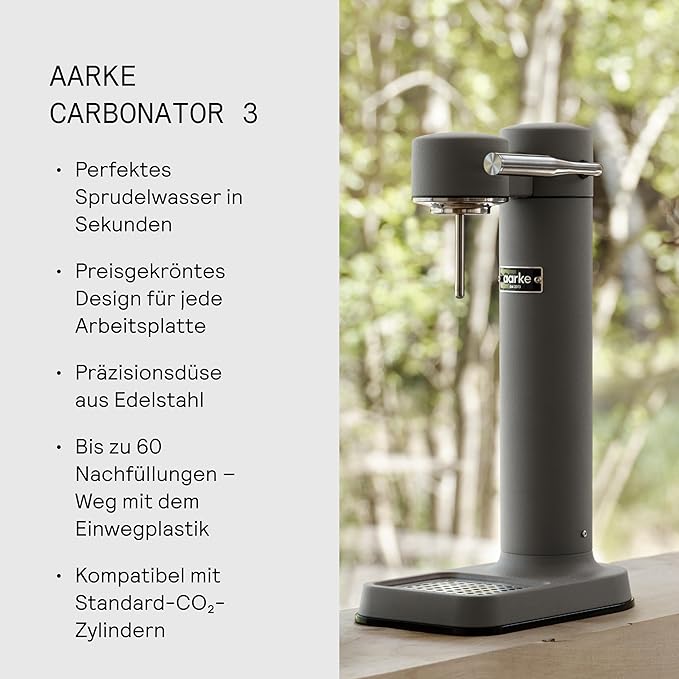 Aarke Carbonator lll, Sparkling & Carbonation Water Machine, Stainless Steel with PET BPA-Free Reusable Bottle Volume 1L/34 fl oz (Matte Grey)