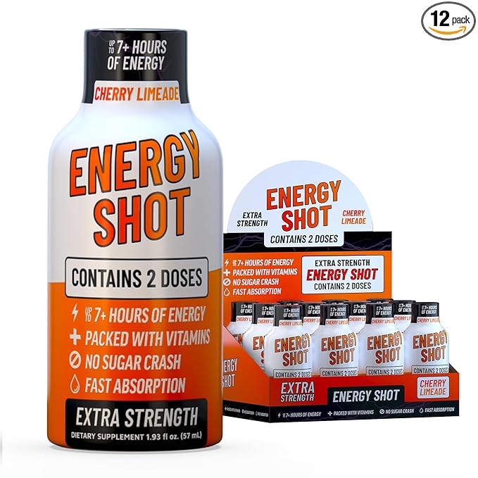 Cherry Limeade Extra Strength Energy Shot 12 pk – 260mg Natural Caffeine B12 B6 – Energy & Focus Support – 2 Servings Sugar Free Zero Calorie Green Tea B-Vitamins Electrolytes Vegan – 1.93 fl oz