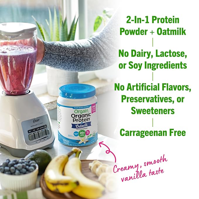 Orgain Organic Vegan Protein Powder + Oat Milk, Vanilla Bean - 20g Plant Based Protein, Gluten Free, No Dairy, Soy or Lactose Ingredients, Low Sugar, Non-GMO, Kosher, For Shakes & Smoothies - 1.05lb