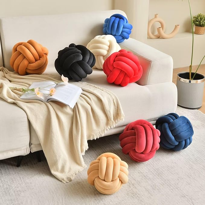 Decorative Throw Knot Pillow Ball for Home Chair Sofa Aesthetic Round Velvet Knotted Pillow Cushion (Caramel, 8inch)