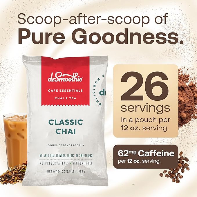 Dr. Smoothie Café Essentials Classic Chai – No Artificial Colors, Flavors, or Sweeteners – Shelf Stable – 62mg of Caffeine per Serving – Great for Hot, Iced, & Frozen Frappes (3.5 lb Bag, 26 Servings)