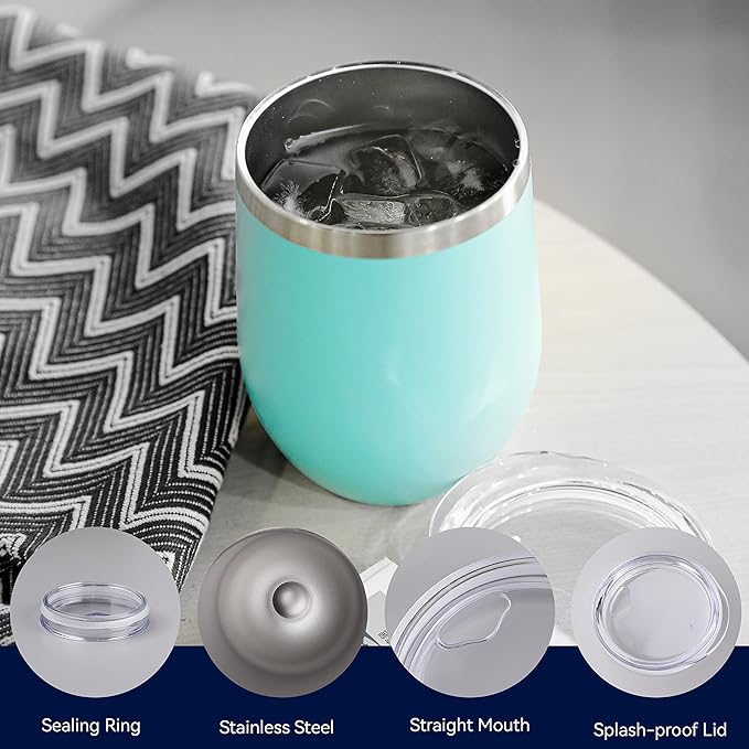 DOMICARE Stainless Steel Wine Tumbler Bulk with Lid, Personalized Insulated Tumblers Set, 12oz Travel Coffee Cups Pack of 1, Light Blue