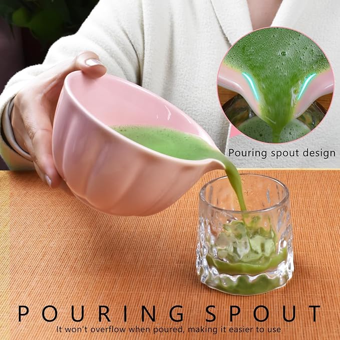 Artcome 4 Pcs Japanese Matcha Tea Set - Matcha Bowl with Pouring Spout, Matcha Whisk, Tea Scoop, Whisk Holder, Handmade Matcha Ceremony Kit For Japanese Tea Ceremony, Rose