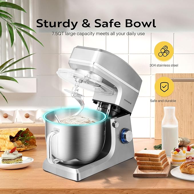 VIVOHOME 7.5 Quart Stand Mixer, 660W 6-Speed Tilt-Head Kitchen Electric Food Mixer with Beater, Dough Hook, Wire Whip, and Egg Separator, Silver