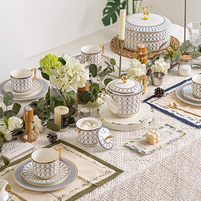 CwlwGO- Bone China Tea Cup Sets,15-Pieces Tea Cup and Saucer Set Service For 4 Whit 28 Ounces Teapot,Sugar Bowl,Creamer Pitcher and Spoons, Tea Gifts Sets For Women Patry.