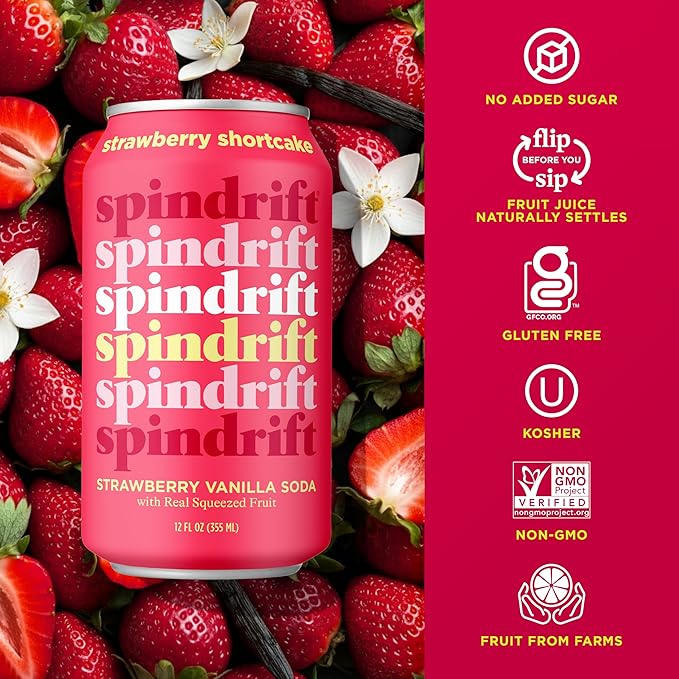 Spindrift Soda "Strawberry Shortcake" Strawberry Vanilla Soda with Real Squeezed Fruit 12 Pack Case