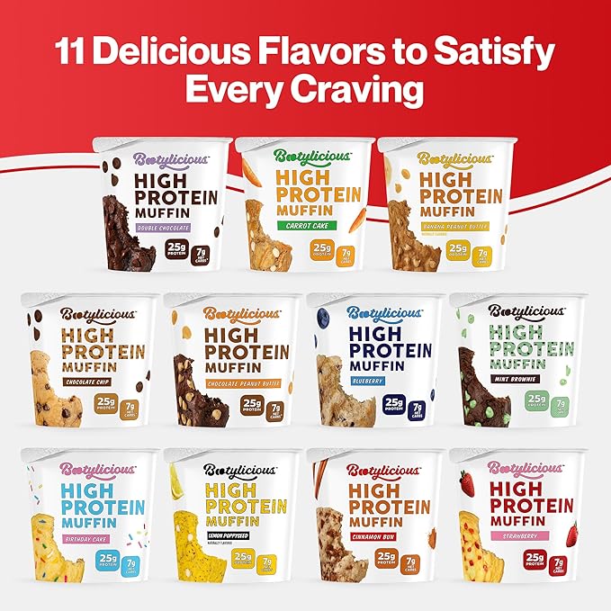 Bootylicious | High-Protein Muffin | 25g Protein, 7g Net Carbs, 2.32-2.75oz Cup, 12-Pack (Cinnamon Bun)