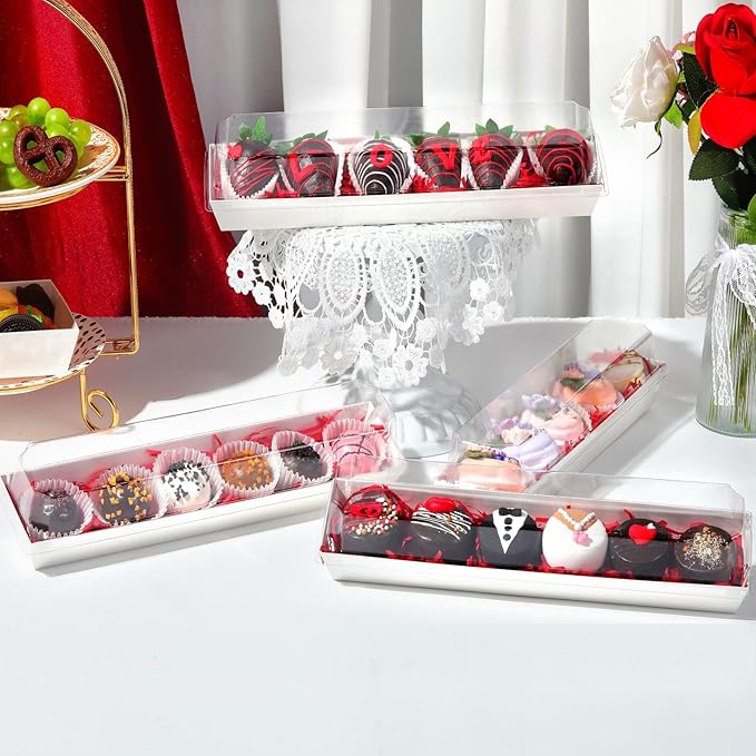 25 Pack 12 x 2.8 x 2.4 Inches Strawberry Boxes with Clear Lids,Long Macaron Boxes Gift Boxes For Cookies,Truffle,Cocoa Bombs,Chocolate
