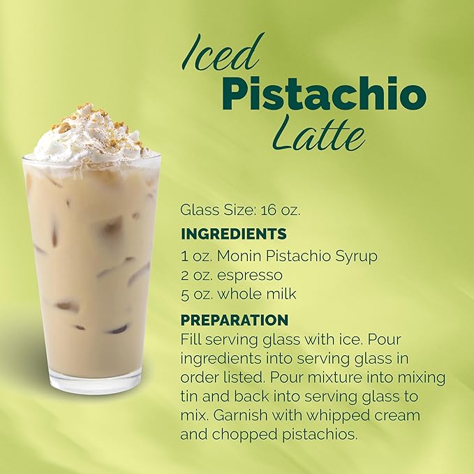 Monin - Pistachio Syrup, Rich and Roasted Pistachio Flavor, Great for Lattes, Mochas, and Dessert Cocktails, Non-GMO, Gluten-Free (750 ml)