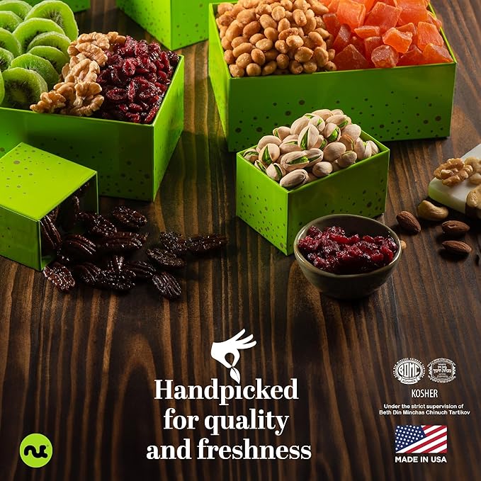 NUT CRAVINGS - Thanksgiving Dried Fruit & Mixed Nuts Gift Basket Green Tower + Ribbon (12 Assortments) Holiday Xmas Christmas Food Arrangement, Healthy Snack Care Package
