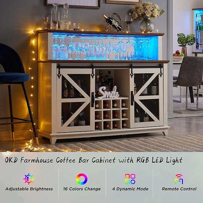 OKD Farmhouse Coffee Bar Cabinet with LED Lights, 55" Wine Bar Cabinet w/Sliding Barn Door & Wine and Glass Rack, Kitchen Buffet Cabinet w/Storage Shelves for Dining Room,Antique White
