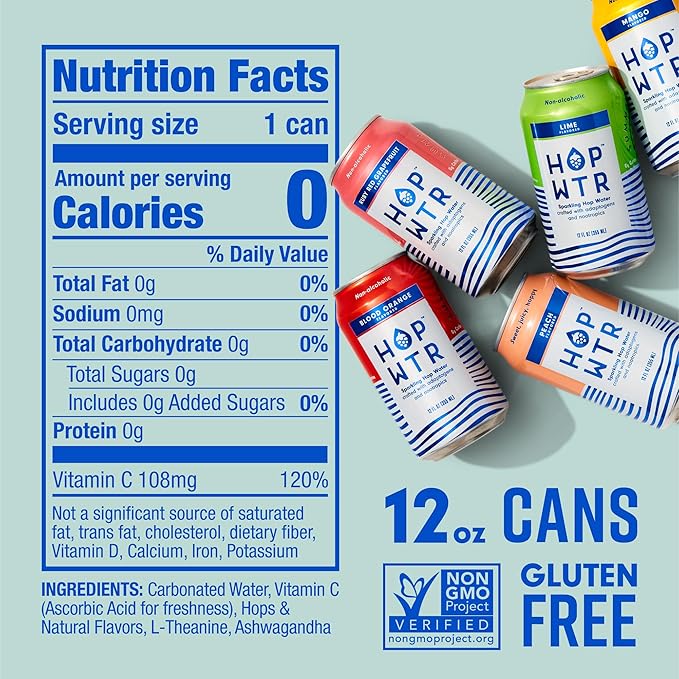HOP WTR - Sparkling Hop Water - Variety Party Pack (12 Pack) - NA Beer, No Calories or Sugar, Low Carb, With Adaptogens and Nootropics for Added Benefits (12 oz Cans)