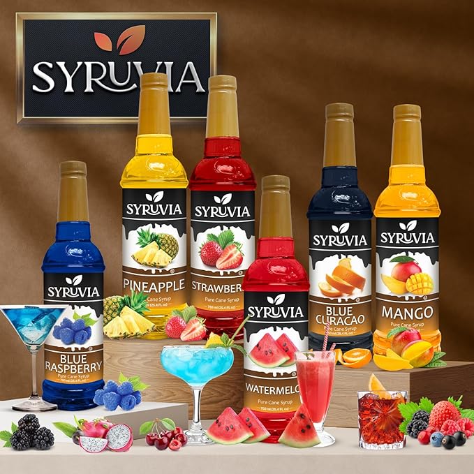 Syruvia Blue Raspberry Syrup, Flavored Syrup for Drinks, Cocktails, Lemonades, Iced Teas, and Desserts – 25.4 fl oz, With Pump