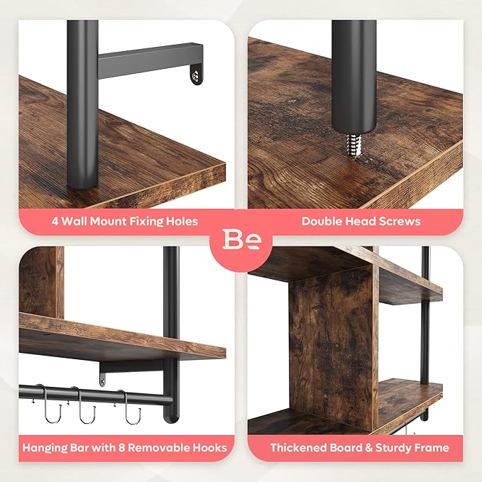 Bestier Floating Pipe Shelving Kitchen Shelves Wall Mounted 3 Tier 41.5" Ladder Coffee Bar Shelf Hanging with Circular Tube, Display Bookshelf Storage for Living Room Kitchen, Rustic Brown