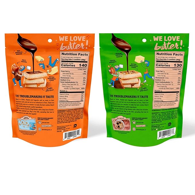Michel et Augustin Cookie Bag Variety Pack 2 Flavor – Milk Chocolate & Caramel + Milk Chocolate & Hazelnut, 15 Cookies per Bag