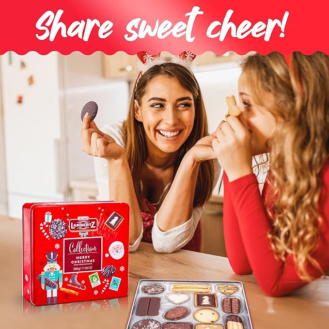 Lambertz European Holiday Cookie Tin – 64 Cookies, 12 Varieties, – Festive Gift Box Ready to Serve and Gift-Ready for Christmas and Office Sharing – 17 Ounces
