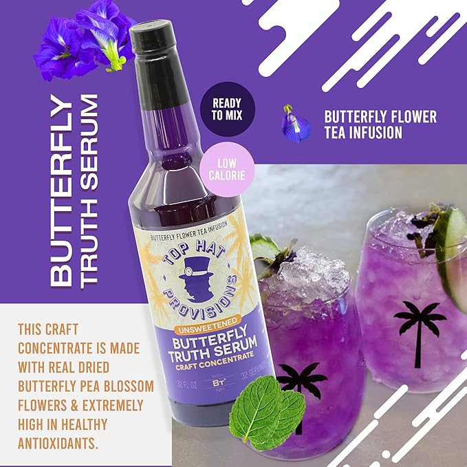 Top Hat Butterfly Truth Serum - Butterfly Pea Floral Extract - Blue Flower Tea Tincture - Blue Bitters - Unsweetened - Non-Alcoholic - Make Drinks Blue and Indigo Purple - 32oz Bottle