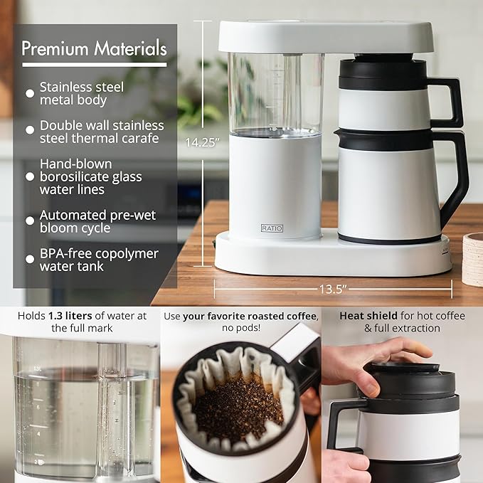 Ratio Six Series 2 Coffee Machine - Automatic Drip Coffee Maker - 1.25L/40oz - Brews 2-8 Cups - White