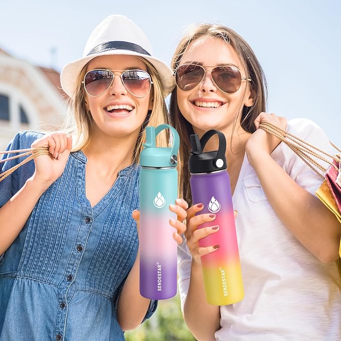 SENDESTAR Water Bottle 40oz Double Wall Vacuum Insulated Leak Proof Stainless Steel Sports Water Bottle—Wide Mouth with New Flex Straw Lid & Spout Lid (Bubble Gum)