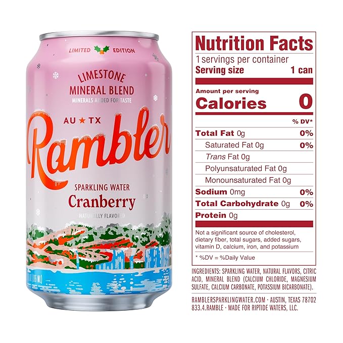 AUTX RAMBLER Sparkling Water, Texas Limestone Mineral Blend, Cranberry Flavor, Limited Edition, 12-Ounce Cans, Three 8-Packs (24 Cans)