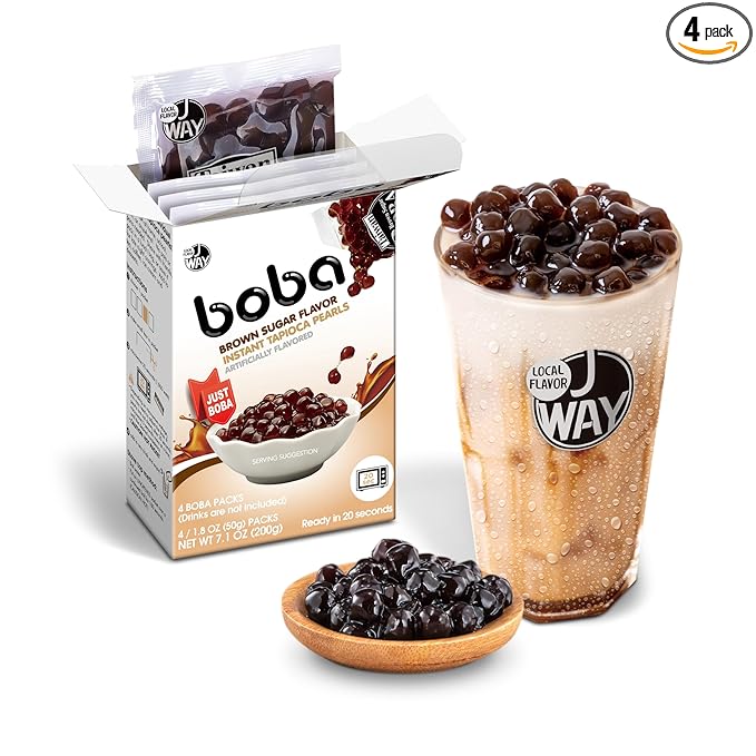 J WAY BOBA Authentic Instant Tapioca Boba Pearls for Milk Tea, Smoothies and Desserts, Brown Sugar Flavor (Ready in Just 20 Seconds) - 4 Servings