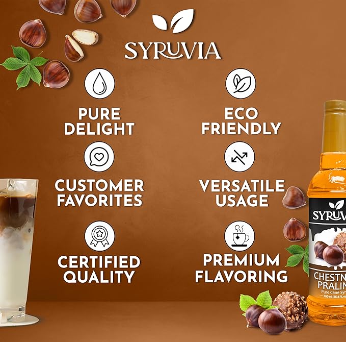 Syruvia Coffee Syrup, Chestnut Praline Flavored Syrup for Drinks, Lattes, and Desserts – 25.4 fl oz