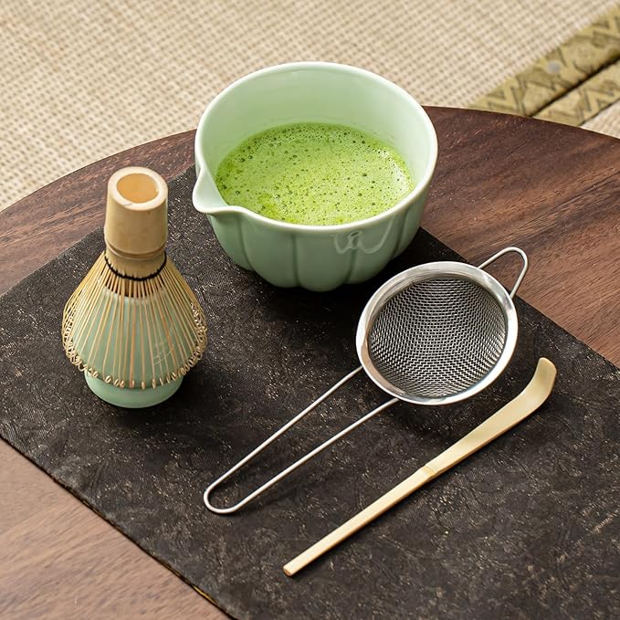 Matcha Whisk Set, Matcha Bowl with Spout, Matcha Whisk, Chasen Holder, Sifter, Bamboo Scoop - 5 Pcs Perfect Matcha Making Kit for Matcha Lover and Tea Ceremony (Emerald Green)