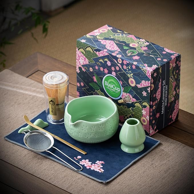 Matcha Whisk Set, Ceramic Matcha Set Includes Matcha Bowl, Matcha Whisk and Holder, Bamboo Scoop, Scoop Rest, Sifter and Tea Towel - 7 Pcs Matcha Kit for Matcha Lovers (Green)