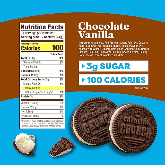 Catalina Crunch Protein Cookies, 4g Protein per Serving - Low-Sugar Sandwich Cookies - Gluten Free, Vegan - Keto Dessert Snacks - Chocolate Vanilla, 8.9 oz. (21 Count)