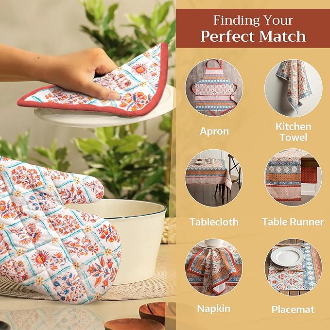 Maison d' Hermine Pot Holders Set 100% Cotton Heat Resistant Potholders 8" x 8" Hot Pads with Loop BBQ, Cooking, Baking, Grilling, Kitchen, Handling Hot Pans (Pack of 2, Romane)