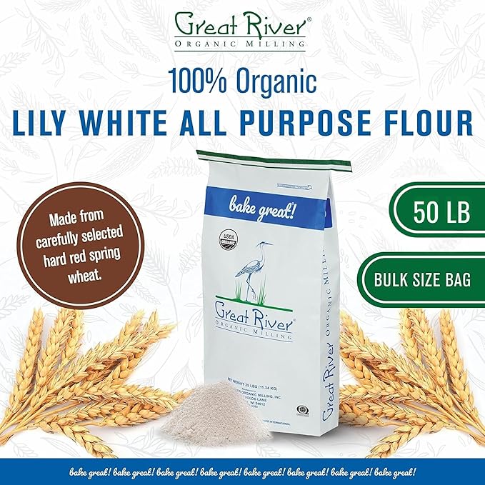 Great River Milling Lily White Organic All-Purpose Flour | Unbleached & Unbromated | Non-GMO, Kosher | Ideal for Bread, Cookies, Cakes, Pizza Dough & Everyday Baking | 50 Lb