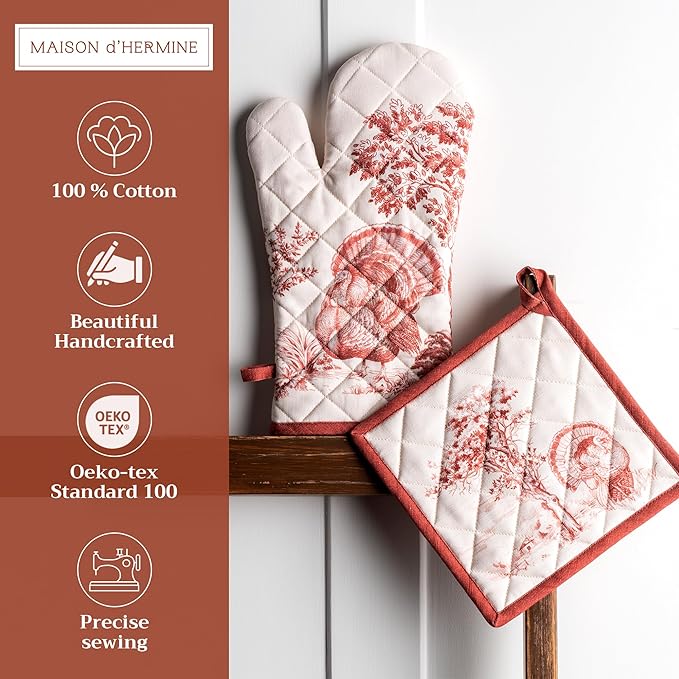 Maison d' Hermine 100% Cotton Oven Mitt & Pot Holder Set (7.5"x13" & 8"x8") Heat Resistant BBQ Cooking Gloves with Loop, Baking, Grilling, Kitchen, Handling Hot Pans (Holy Jouy - Red)