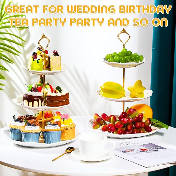 Tatuo 2 Pcs 3 Tier Porcelain Cupcake Stand, Cup Cake Holder Tower, Pastry Serving Elegant Dessert White Ceramic Tiered Stand for Wedding, Birthday, Tea Party(Lace Round Shape)