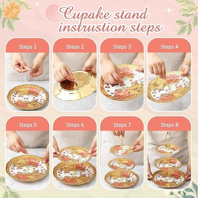 Maxcheck 21 Pcs Tea Party Set for Adults European Floral Tea Set with Metal Holder and 3 Tier Ceramic Cake Stand Porcelain Flower Cup Teapot for Dessert Cupcake(Classic Style)
