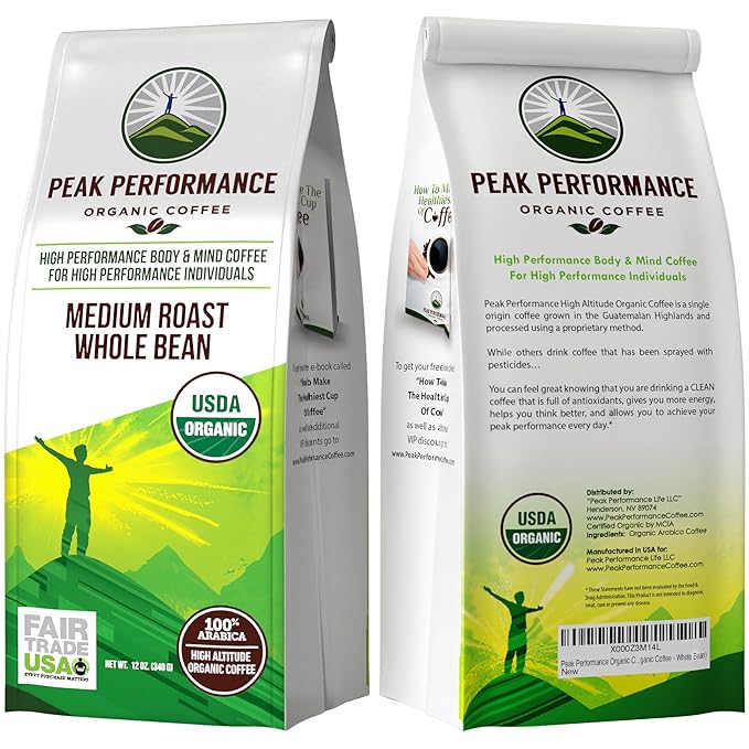 Peak Performance High Altitude Organic Coffee. Fair Trade, Low Acid, Non GMO, and Beans Full Of Antioxidants. Medium Roast Smooth Tasting USDA Certified Organic Whole Bean Coffee Bag