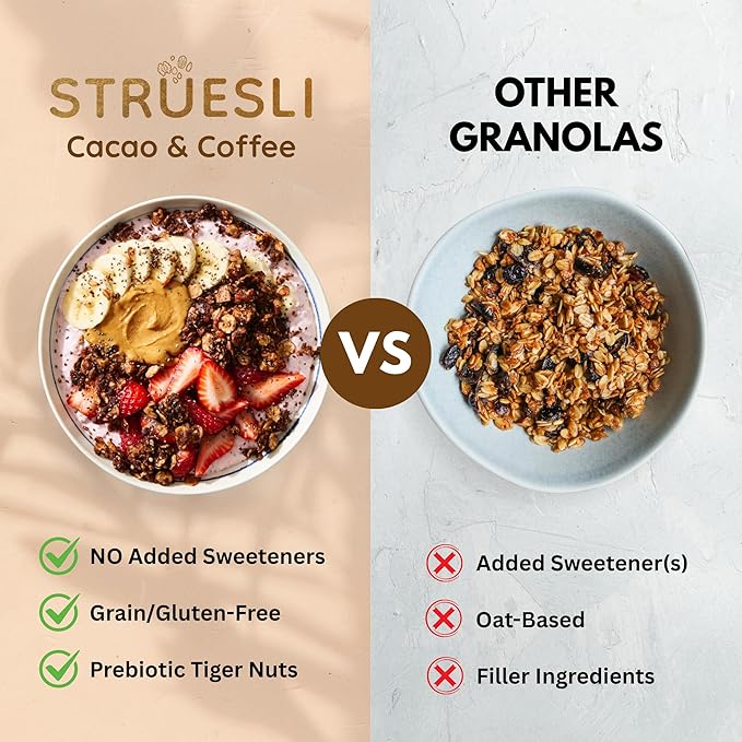 Struesli Cacao + Coffee Organic Granola, Grain & Gluten Free, Healthy Snacks with Cacao, Coffee, Tiger Nuts, Pecans, Walnuts, Hemp Hearts & Coconut Flakes, Plant Based, Keto & Paleo, 9 Oz, 2 Pack