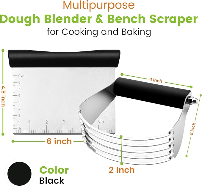 Spring Chef Dough Blender & Pastry Cutter Tool, Stainless Steel Pastry Blender & Bench Scraper for Pizza, Nut, Pie - Multipurpose Dough Cutter & Scraper Tool for Baking with Soft Grip Handles - Black