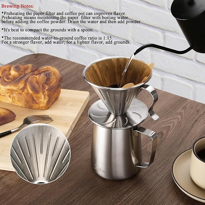 Pour Over Coffee Maker Set, 304 Stainless Steel wIth 100 pcs Size 02 Cone Paper Filters & 600ml Milk Frothing Pitcher, for Home & Camping