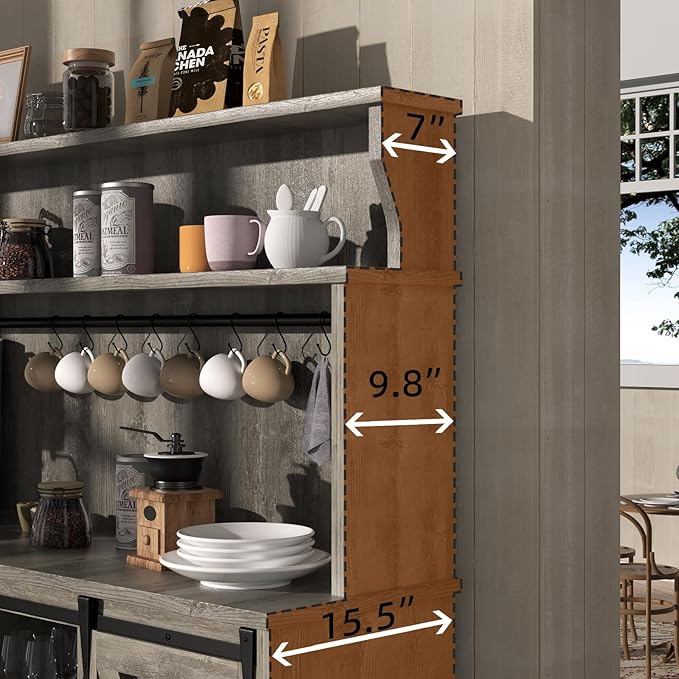 55'' Farmhouse Coffee Bar Cabinet with 3 Tier Storage Hutch, Coffee Bar Station with Sliding Barn Door, Hutch Storage Cabinet with 12 Wine Racks & 9 Hooks for Kitchen Dining Living Room